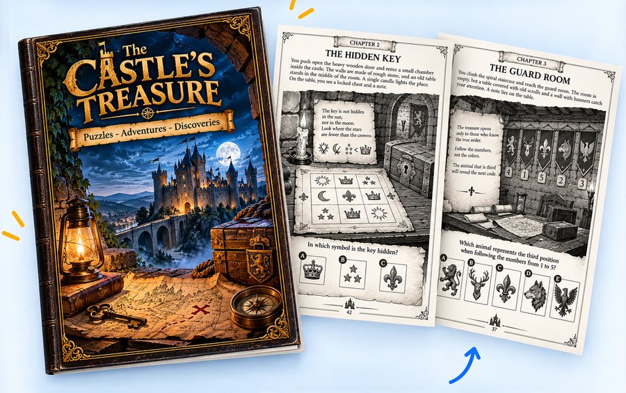 Example of a generated Escape Game book: cover and puzzle pages